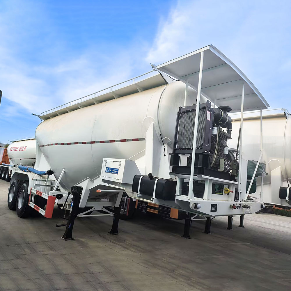 V-shaped cement powder trailer showing discharge valve and dual manholes