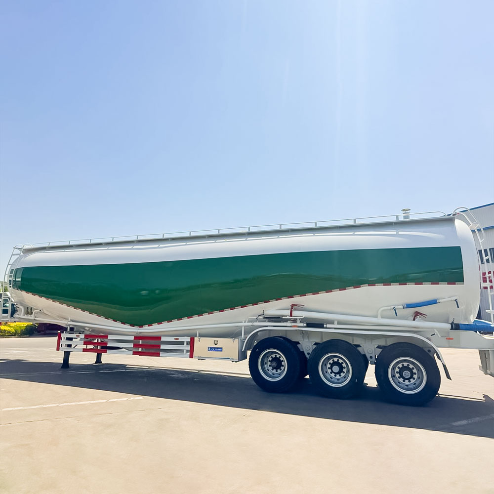 Heavy-duty cement semi-trailer showing W-shaped tank and triple 20T BPW axles