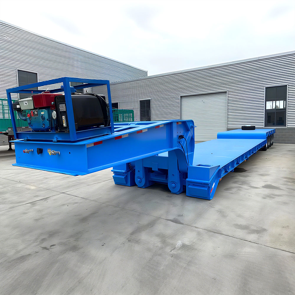 Blue heavy-duty 4 axle RGN trailer for transporting large equipment