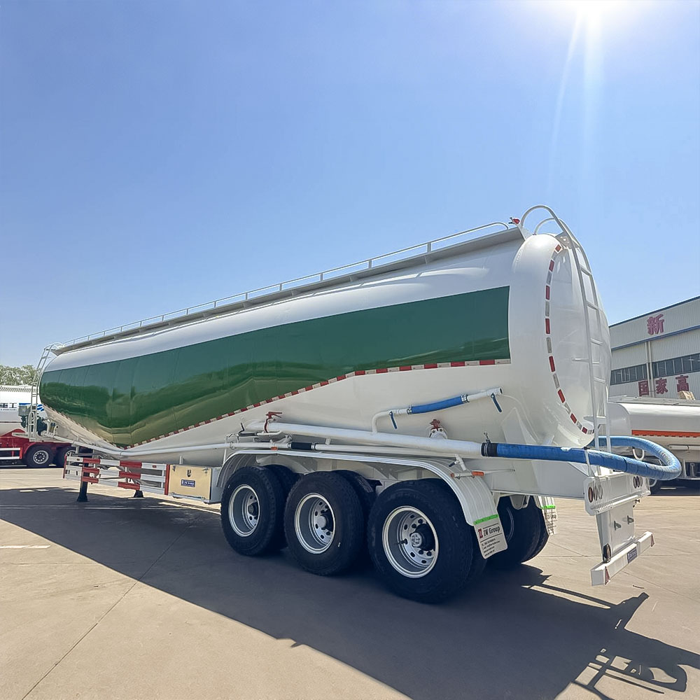 Heavy-duty cement semi-trailer showing W-shaped tank and triple 20T BPW axles